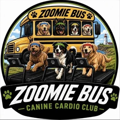 The Zoomie Bus badge logo: a yellow bus full of dogs above three dogs running on treadmills, with a PEI lighthouse behind